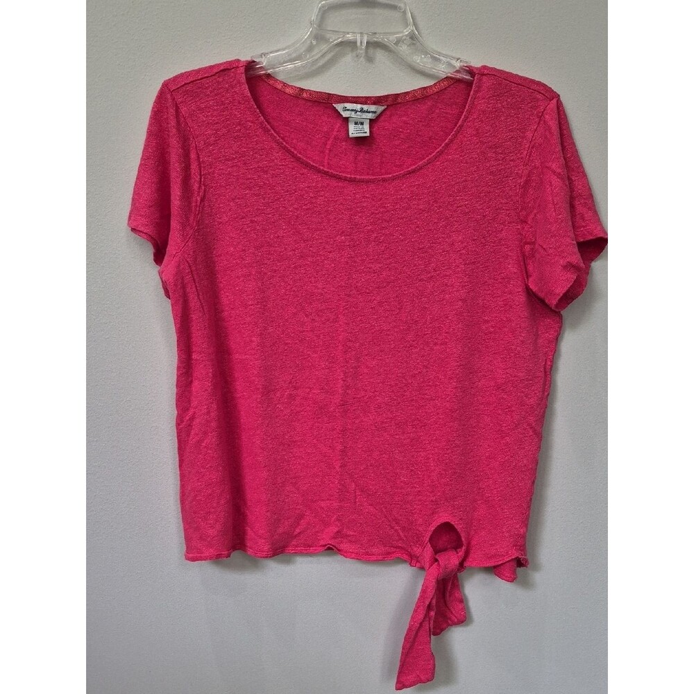 Tommy Bahama Top Womens M Bright Pink Gold Sparkle Waist Tie Tee Glam Linen